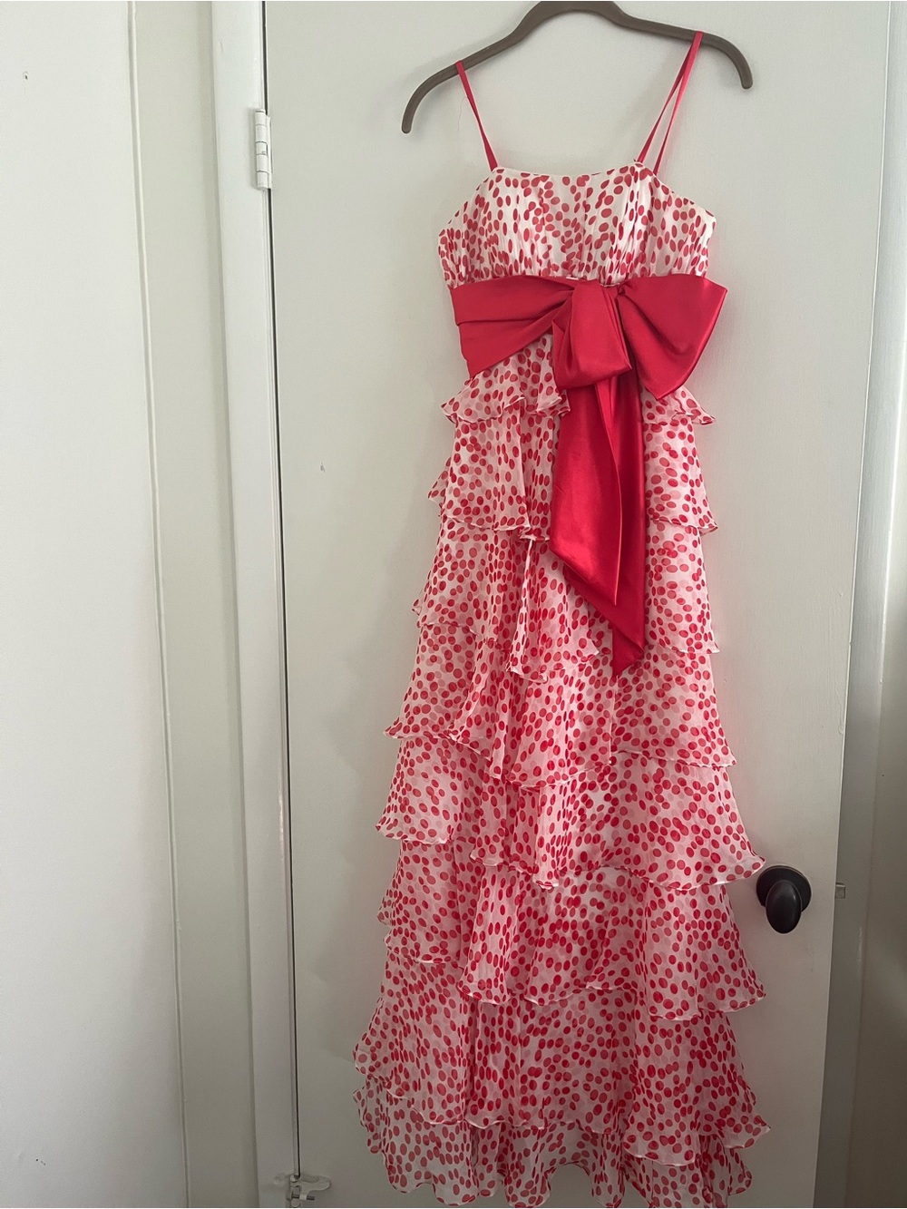 BG Haute White & Red Ruffle Tiered Spaghetti Strap Maxi Dress with Bow